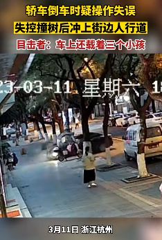杭州一私家车倒车时失控撞树后冲上人行道