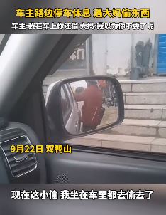 光天化日之下大妈当车主面偷东西