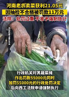 洛阳老农卖菜挣21元被罚款11万 法院：处罚过重，不准予强制执行