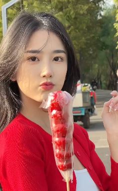 气质小姐姐「潘敏」分享户外游玩vlog,冰糖葫芦配红色开衫画面太美了