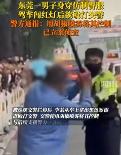 东莞一男子穿仿制警服驾车闯红灯并持棍欲打交警