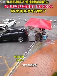 女司机倒车撞倒路边摊位全包圆儿