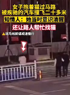 女子抱猫过马路被汽车撞飞