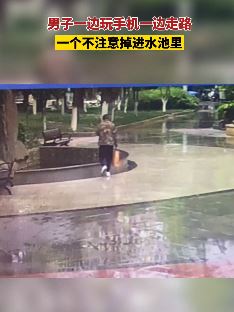 男子边玩手机边走路掉水池