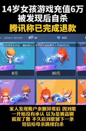女生玩游戏充值6万元后自杀 腾讯称已退款