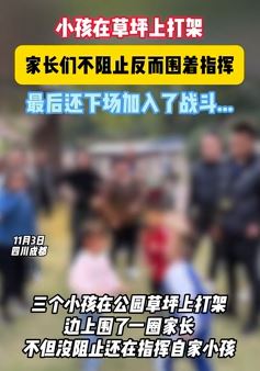 3小孩公园草坪上打架 家长未阻止反而围观指挥