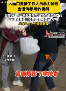 女子带家人夜游熊出没游乐园被工作人员暴力抢包
