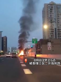 成都一特斯拉撞上高架立柱起火 目击者：车上的人一个没下来