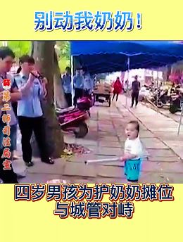四岁宝宝为护奶奶摊位手拿棍子与城管对峙：别动我奶奶！