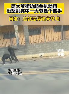 山东菏泽2大爷街头动粗 其中一大爷一看就是高手