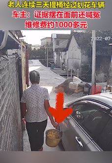 广州一老人连续三天提桶经过划花车辆