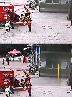 3岁男童爬到三轮车上玩耍，车子突然启动撞进商铺