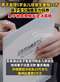 男子发现5岁女儿非亲 放弃索赔后离婚