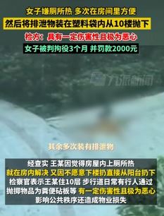 常州一女子高空抛撒排泄物被判拘投3个月