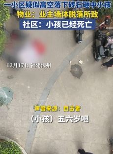 福建漳州一小区高空掉下砖石砸中小孩身亡