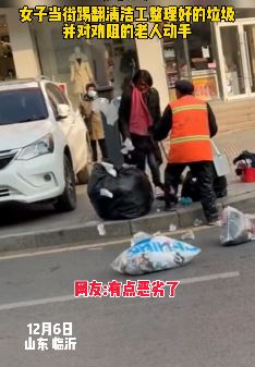 女子当街与清洁工起冲突 踢翻垃圾还动手打劝阻者