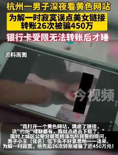 杭州一男子深夜浏览黄色网站被骗近450万