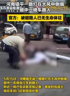 河南镇平一路灯被大风刮倒砸死一骑车路人