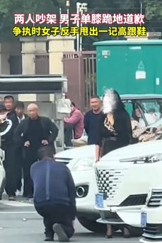男女街头吵架单膝跪地道歉