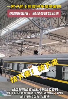 安徽阜阳火车站一男子爬上列车顶部大叫