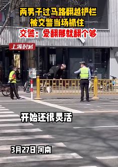 河南2男子翻护栏过马路被交警逮住 交警让哥俩翻个够