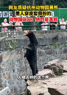网友发视频质疑杭州动物园黑熊为人穿皮套假扮