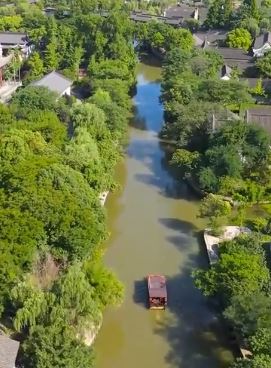 航拍嘉兴4A风景区梅花州游船