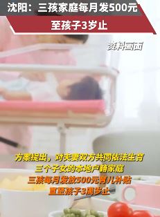 沈阳三孩家庭每月发500元 至孩子3岁止