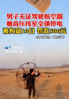 男子无证驾驶滑翔伞触高压线致全镇停电