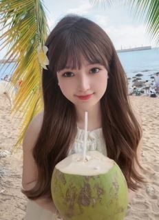 可爱小姐姐「池芊芊」分享三亚海边游玩vlog,手捧椰子喝椰汁!