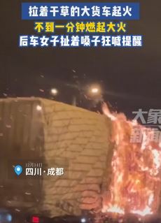 成都一拉着干草大货车行驶中起火 后车女子狂喊提醒