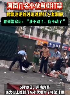 河南许昌几名小伙喝醉后当街打架被巡逻民警制服
