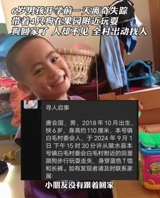 海南一6岁男孩开学前离奇失踪 带狗玩耍狗回家人却不见了