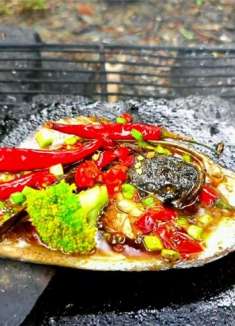 水坑里抓到了一条小黑鱼，放蚌壳里烧烤一下，色香味俱全太好吃了