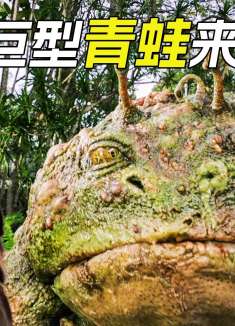 池塘里钻出一只巨型青蛙，伸出舌头缠住男人的脚