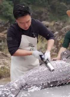 98斤的巨大龙趸，帅小伙一顿操作猛如虎，出锅后香的不行