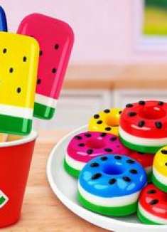 彩虹冰淇淋与西瓜果冻 新鲜水果加工制作 小黄鸭爱吃极了